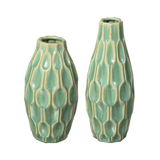 Glitzhome; Glitzhome® Geometric Green Ceramic Modern Vase Set; Category:Vases; Image:1